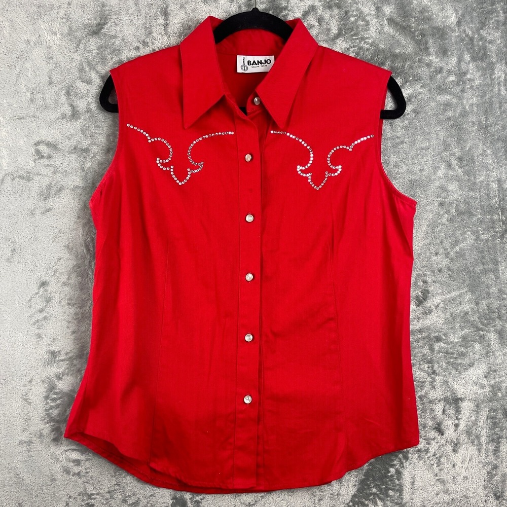 Banjo‎ Dallas Sleeveless Top Womens Large Red Pearl Buttons Rhinestones Western